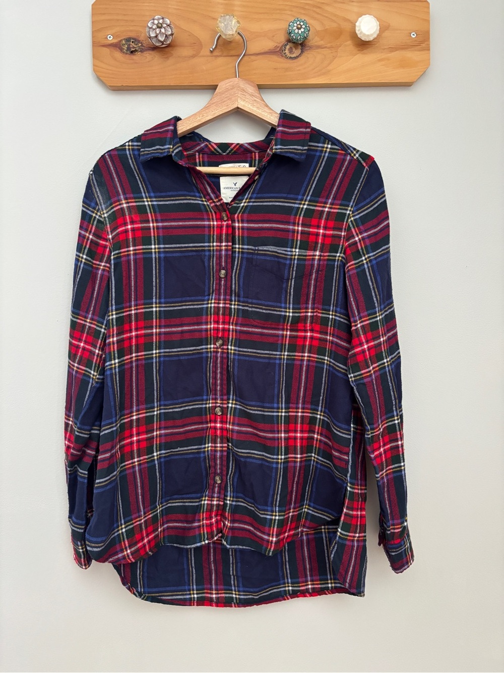 American Eagle Outfitters Navy and Red Plaid Button-Down Shirt